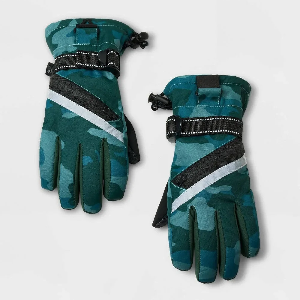 Kids' Camo Printed Zipper Ski Gloves - All in Motion™ Green